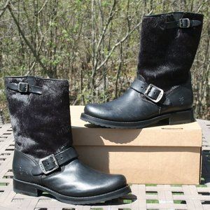 Frye Black Leather Moto Boots with Buckles